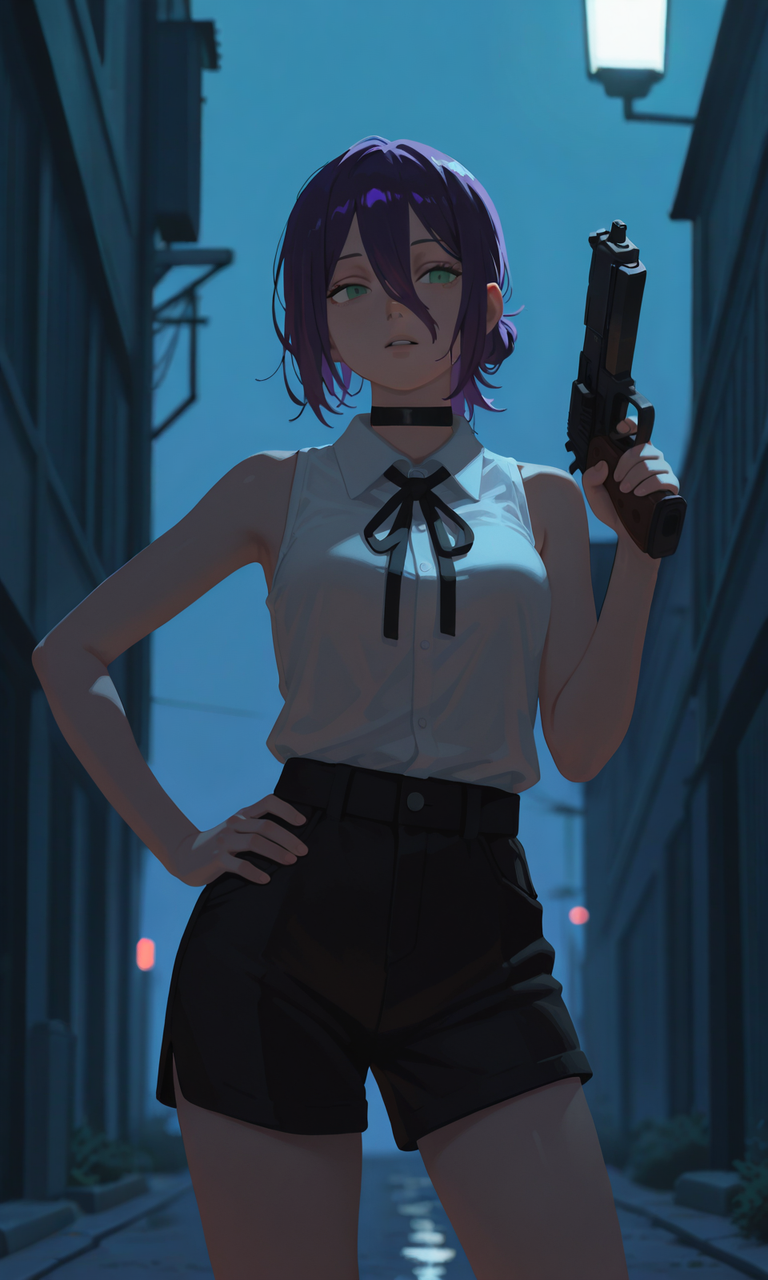embedding:IllusP0s, g00se, no lineart, reze_\(chainsaw_man\), purple hair, green eyes, choker, sleeveless, white shirt, black ribbon, black shorts, contrast lighting, parted lips, outdoors, holding gun, handgun, night, one hand on hip,<lora:g00se_v3_ill.safetensors:1.2:1.2>