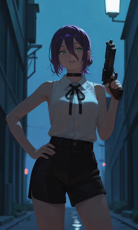 embedding:IllusP0s, g00se, no lineart, reze_\(chainsaw_man\), purple hair, green eyes, choker, sleeveless, white shirt, black ribbon, black shorts, contrast lighting, parted lips, outdoors, holding gun, handgun, night, one hand on hip,<lora:g00se_v3_ill.safetensors:1.2:1.2>