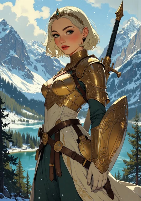 Anime art, Full-length, gorgeous fantasy blonde, naturally straight short platinum hair, tiara, tight golden armor, standing on a hill. Full, high breasts, tight waist, round thighs, blue eyes, no blush. Backdrop of fantasy highlands in winter, bright and cold winter colors, icy lakes and wooded areas, mixture of evergreen and deciduous, pixie hairstyle, diffused lighting, determined facial expression, intricate armor details. Sword and Shield on back.<lora:aidmaMJ6.1_v0.5_3:0.5>, <lora:Anime Art V3_Flux:0.5>