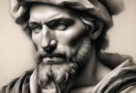 (masterpiece),
Black and white Renaissance drawing of a mid-age man, short beard,
Black and white tones,
HDR, highly detailed, 32k,
looking at viewer, Style-Renaissance