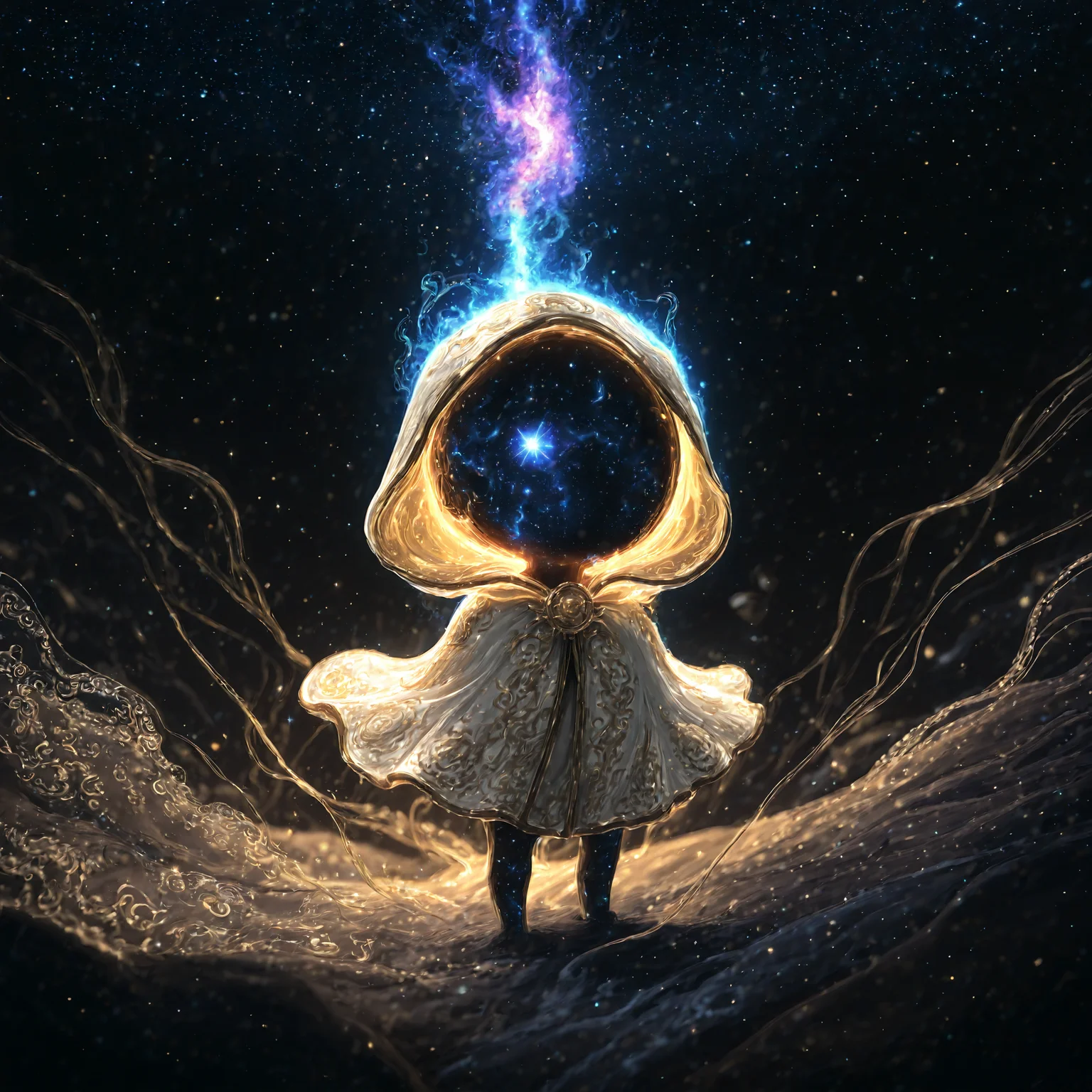 smooth quality, bioluminescent, glowing, masterpiece, best quality, highly detailed, realistic, realism, dynamic lighting,  chibi, enigmatic cosmic being, ethereal presence, glowing celestial eyes, void-like face filled with swirling galaxies, intricate golden embroidery on tattered hooded cloak, flowing mystical fabric, otherworldly energy, standing in a dreamlike meadow, soft cosmic illumination, vibrant nebula sky, painterly realism, cinematic lighting, ultra-detailed textures, surreal fantasy atmosphere, floating cosmic dust, mystical depth of field, glowing aura, celestial elegance, ancient and powerful essence. <lora:add-detail-xl:2>  <lora:biolum:1>
