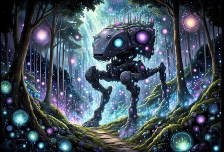In the heart of an ancient, mystical forest, bathed in the eerie glow of a moon concealed behind thick, swirling clouds, strides a colossal translucent at-st Scout Walker. Its massive mechanical legs thunder across the moss-covered ground as it moves effortlessly through the landscape, its transparent body nearly vanishing in the vast expanse of stars above. The walkers form is translucent, barely visible against the endless cosmic canvas, with starlight piercing through its ethereal silhouette, casting a soft glow from within. The faintly shimmering Scout Walker takes on hues of deep blue and violet, refracting the distant starlight as it moves.
Soft, iridescent mushrooms, glowing faintly in deep purple and emerald hues, sprout from the back of the massive beast, casting brief flickers of light that dance across the shadows of the forest floor. Its eyes, luminous and full of ancient wisdom, gleam as they gaze out from the shifting form, reflecting the brilliance of distant galaxies.
The forest around it stretches endlessly, a labyrinth of twisted, ancient trees wrapped in dark, velvety moss, their branches reaching toward the sky like shadowed fingers. Hints of deep turquoise and dark purple swirl in the air, blending into the atmosphere, as though the entire realm is bathed in a palette of deep, enchanted twilight. The walkers silhouette moves gracefully through this dreamlike landscape, a serene giant in the midst of the cosmic night.