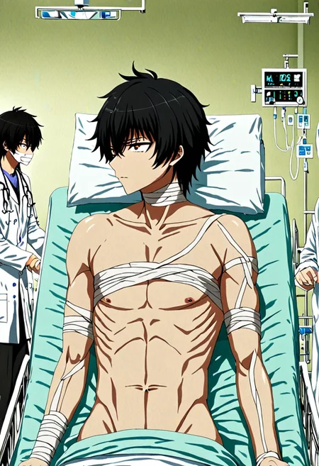 high resolution, solo, best quality, 1Boy, Seiya Kanie, black hair, short hair, thin, bandage, patient, hospital, OverallDetail