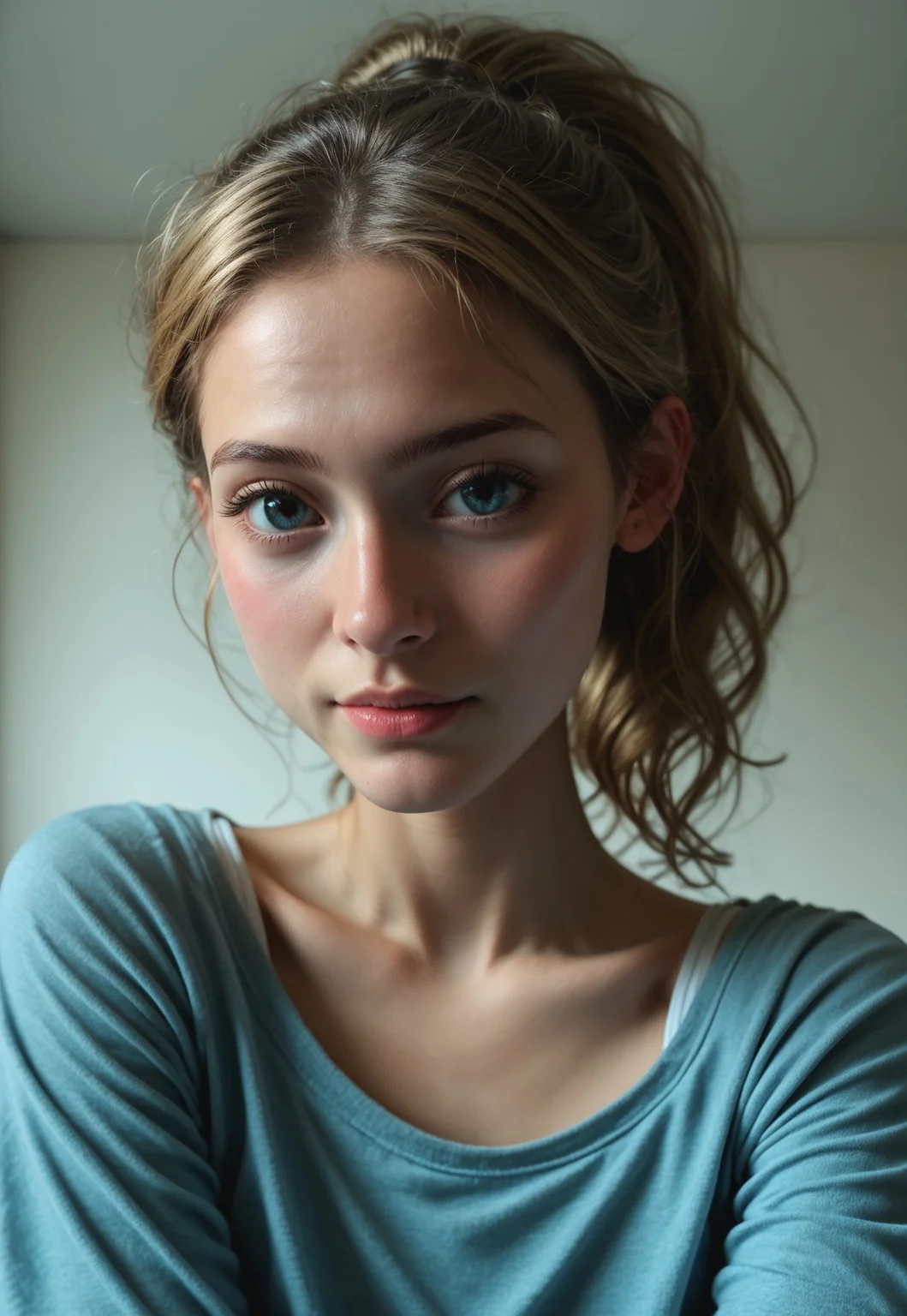 safe_pos, score_9, score_8_up, score_7_up, 1 girl, 18, petite, ((((youthful features, young features)))), blonde hair, ponytail, skinny body, ((high cheek bones, symmetrical face)), slender body, sexy, ((no earrings, no piercings)), cinematic shot, even lighting, 75mm, Technicolor, Panavision, cinemascope, sharp focus, fine details, 8k, HDR, realism, realistic, film still, cinematic color grading, depth of field, beautiful, extremely detailed background, ((face focus, detailed skin)), zPDXL3, real life photo, Photo Real, ((detailed skin))