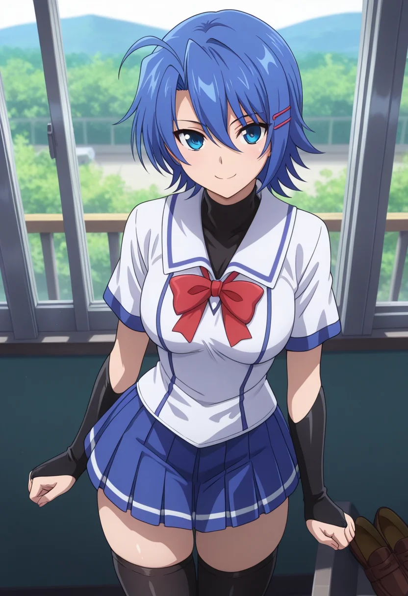 masterpiece, best quality, amazing quality, 1girl, solo, cowboy shot, junkoww, blue eyes, blue hair, short hair, hair between eyes, ahoge, hairclip, medium breasts, school uniform, turtleneck, black undershirt, white school shirt, short sleeves, red breasts bow, black bridal gauntlets, fingerless gloves, blue pleated skirt, black thighhighs, zettai ryouiki, loafers, looking at viewer, smile, indoors, day, skindentation, detailed clothing folds, depth of field, sharp, high contrast, dynamic light <lora:Hattori_Junko_Ichiban_Ushiro_no_Daimaou_ill_v11:0.9>