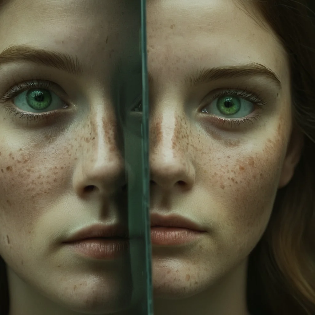 cinematic film still of <lora:Fine art photography style:1>
Juxtaposition of a woman with a broken mirror on her face,Juxtaposition,artistic,photography,dramatic light,dramatic shadow light,contrast,saturated color,cinematic,filmic,photographic,realistic,realism,perfection,perfect,Juxtaposed,opposite,different things,side by side,syncretism,antithesis,Juxtaposition style,1girl,solo,looking at viewer,green eyes,close-up,freckles,reflection , creative, photorealism, hyperrealism, Fine art photography style, Fine art cinematic photography style, shallow depth of field, vignette, highly detailed, high budget, bokeh, cinemascope, moody, epic, gorgeous, film grain, grainy