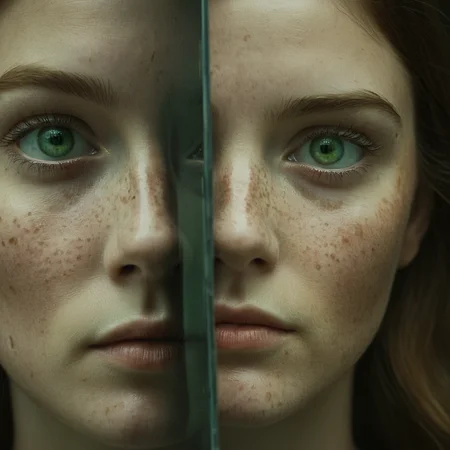 cinematic film still of <lora:Fine art photography style:1>
Juxtaposition of a woman with a broken mirror on her face,Juxtaposition,artistic,photography,dramatic light,dramatic shadow light,contrast,saturated color,cinematic,filmic,photographic,realistic,realism,perfection,perfect,Juxtaposed,opposite,different things,side by side,syncretism,antithesis,Juxtaposition style,1girl,solo,looking at viewer,green eyes,close-up,freckles,reflection , creative, photorealism, hyperrealism, Fine art photography style, Fine art cinematic photography style, shallow depth of field, vignette, highly detailed, high budget, bokeh, cinemascope, moody, epic, gorgeous, film grain, grainy