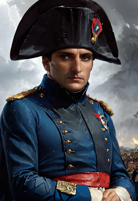 concept art, napoleon, general, mysterious, face close up, dark enigmatic,  storm of gold, ((napoleon)), general, serious look, military uniform, ((bicorne)) hat, blue hat, grey coat, atmosphere is charged with an military energy, historic realism, detailed textures to bring the scene to life, background is Moscau city skiline bruning:1, fire and smoke, city on fire, black background, big flammes, <lora:zavy-cntrst-sdxl:1.5>, <lora:- SDXL - vanta-black_contrast_V3.0:0.4>, <lora:glowneon_xl_v1:0.4> . digital artwork, illustrative, painterly, matte painting, highly detailed, close up portrait, very close up, face focus,