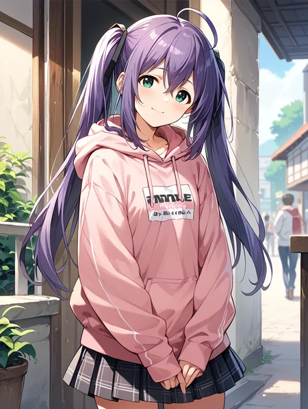 score_9,score_8_up,score_7_up,
official art,official style,game cg,megami magazine,
uncensored,
1girl,solo,
mochizuki anna,purple hair,green eyes,ahoge,long hair, twintails,
pink hoodie,skirt,hoodie,skirt,
<lora:idolmaster_mochizuki_anna_pony_v1.1-000006:1>,