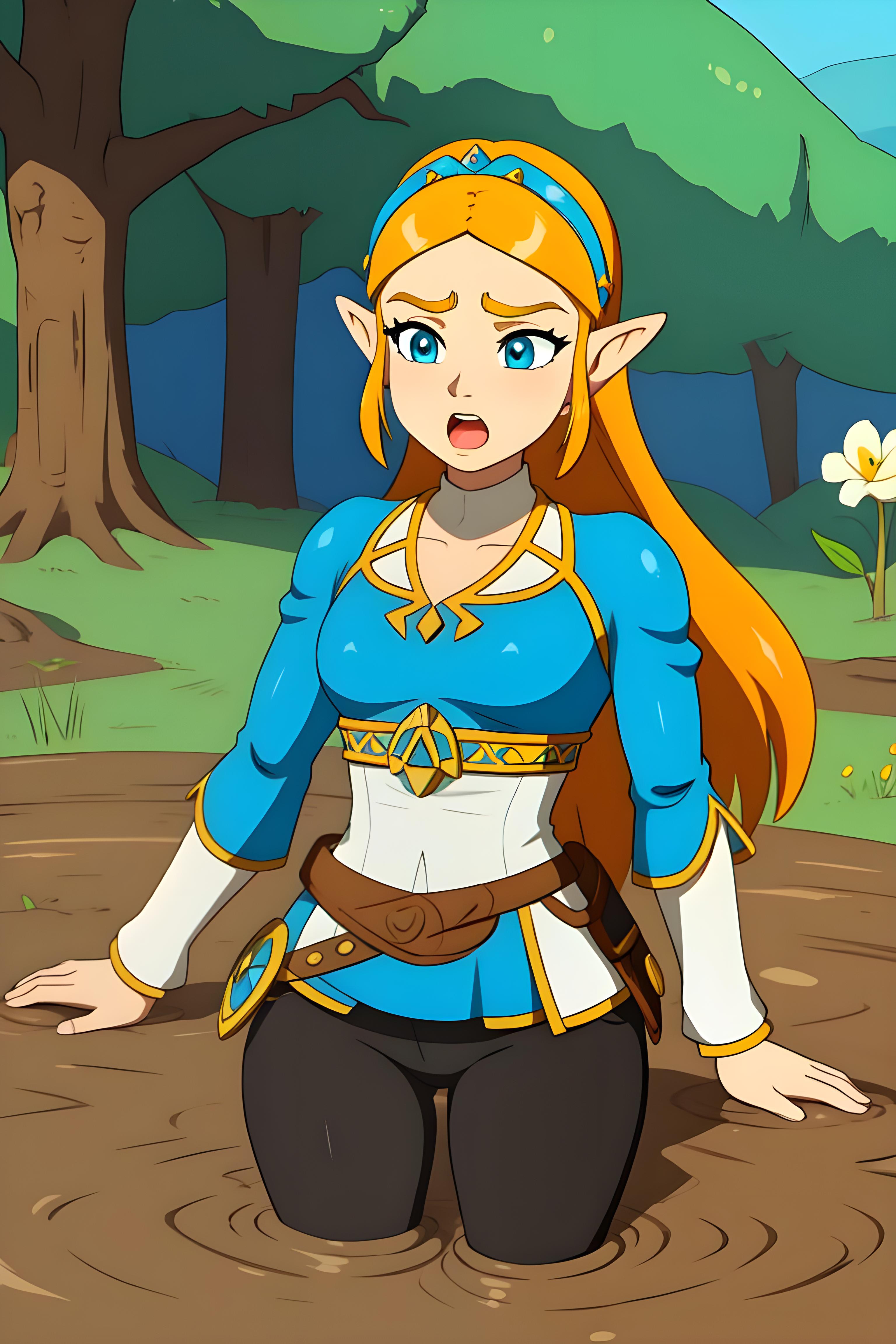 1girl, zelda\(princess\), partially submerged, sinking, mud, scared, screaming