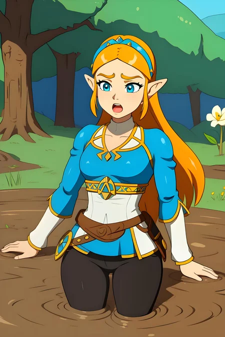 1girl, zelda\(princess\), partially submerged, sinking, mud, scared, screaming