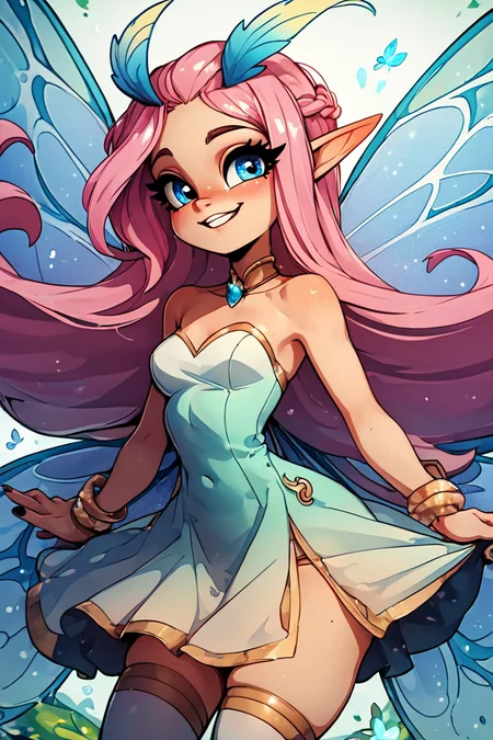 score_9, score_8_up, score_8, medium breasts, (curvy), cute, eyelashes,       BREAK, , BREAK, zzTasi, blue eyes, pink hair, long hair, fairy wings, dress, thighhighs, <lora:TasiAFK_PDXL_v2:0.8>,, <lora:Style55_PDXL:1.0>, , BREAK,  smile, looking at viewer, cowboy shot,  embedding:zPDXL, Expressiveh, <lora:SDXLFaeTastic2400:0.5>,  <lora:Expressive_H-000001:0.4>,