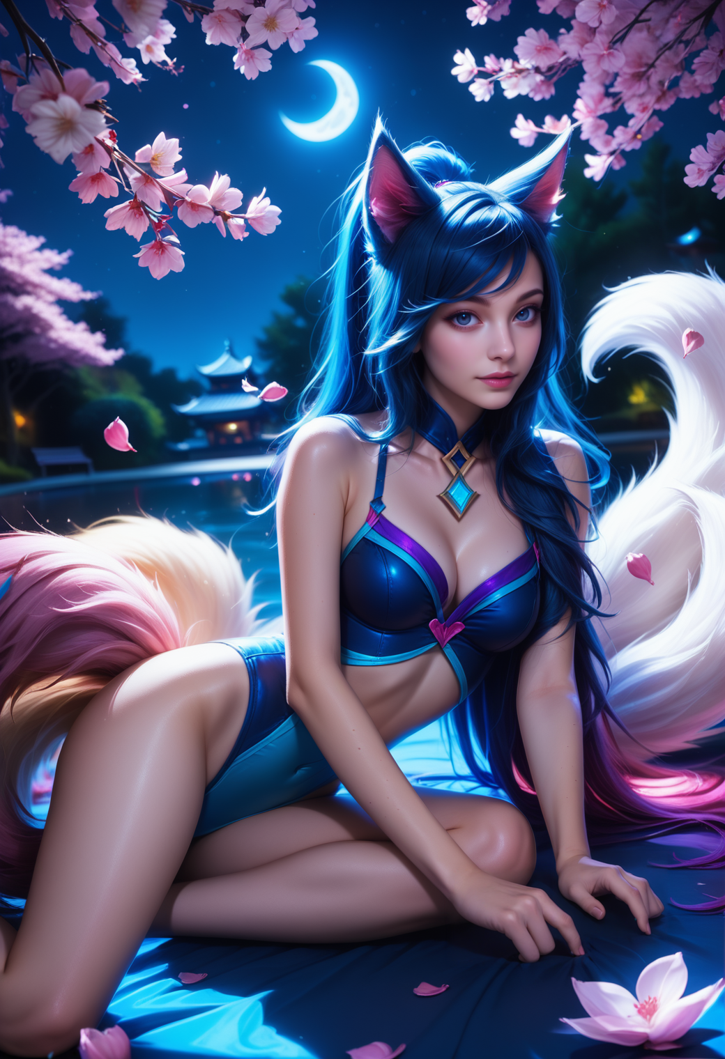 bluefoxeij, lying, cherry blossom petals, flowers, night sky, cherry blossoms, dark, moonlight, dimmed light, from avove <lora:BlueFoxeijPONY-000002:1>
