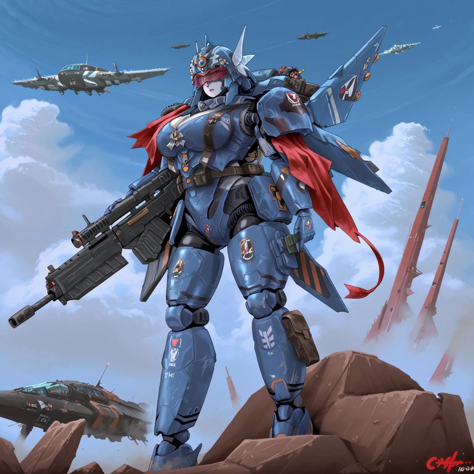 safe_pos, uaf-character, |||, helmet, standing, holding weapon, day, cloud, rifle, gun, aircraft, mecha musume, assault rifle, mecha, concrete, city,windows, robot leg, robot arm, airplane, holding gun, solo, 1girl, sky, outdoors, weapon, robot, holding, uaf_neuko, 80swa, Expressiveh, score_9,score_8_up,score_7_up, 8k, hd , ultra realistic, hyper realistic, detailed face, natural huge breasts, beautiful woman's face, <LoRA: uafPortraits-000110>, <LoRA: uaf Wt: 1>, pureerosface_v1, (PureErosFace_V1:0.8), load bearing vest, sling, power armor, space marine, blue and grey armor