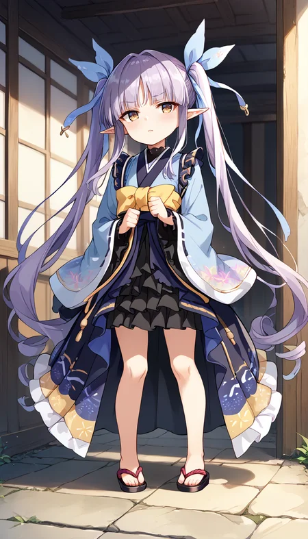 score_9,score_8_up,score_7_up,
official art,official style,game cg,megami magazine,
kyoukadef,
(black skirt:1.2),blue kimono,blue ribbon,black skirt,blush,bow,brown eyes,dress,elf,frilled sleeves,frilled skirt,
frills,hair ribbon,japanese clothes,kimono,layered skirt,long hair,long sleeves,pointy ears,purple hair,
ribbon,skirt,twintails,very long hair,wide sleeves,yellow eyes,
1girl,solo,
standing,full body,
<lora:princess_connect_kyouka_pony_v1:1>,