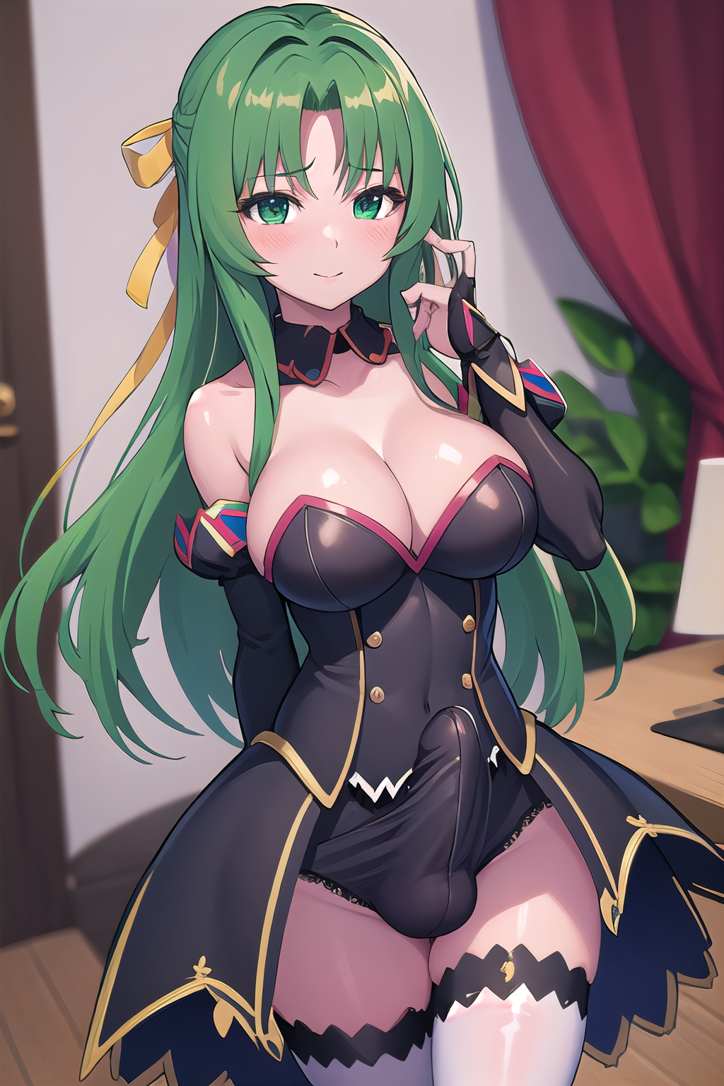 masterpiece, best quality, ultra-high-detailed,erection under clothes, 1girl,  Sonozaki Shion, green hair, green eyes, long hair, yellow ribbon, angel mort dress, black  thighighs,