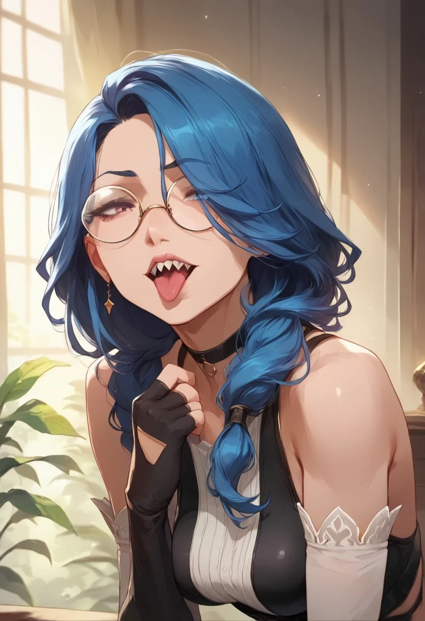 score_9, score_8_up, score_8, 1girl, solo, long hair, breasts, looking at viewer, large breasts, gloves, bare shoulders, blue hair, round glasses, teeth, choker, tongue, black gloves, elbow gloves, tongue out, fingerless gloves, hair over one eye, sharp teeth, half closed eyes