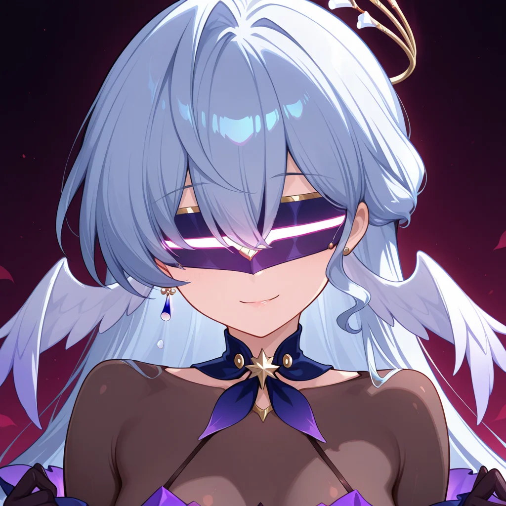 1girl,solo,upper body,looking at viewer,
robin \(honkai: star rail\),head wings,
visor\(brainwash\),glowing visor,covered eyes,
seductive smile,corruption,come hither,
bodystocking,revealing clothes,see-through leotard,latex gloves,black gloves,
masterpiece,best quality,amazing quality,very aesthetic,absurdres,