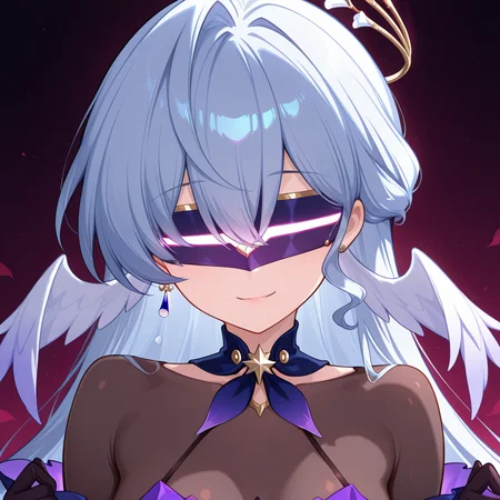 1girl,solo,upper body,looking at viewer,
robin \(honkai: star rail\),head wings,
visor\(brainwash\),glowing visor,covered eyes,
seductive smile,corruption,come hither,
bodystocking,revealing clothes,see-through leotard,latex gloves,black gloves,
masterpiece,best quality,amazing quality,very aesthetic,absurdres,