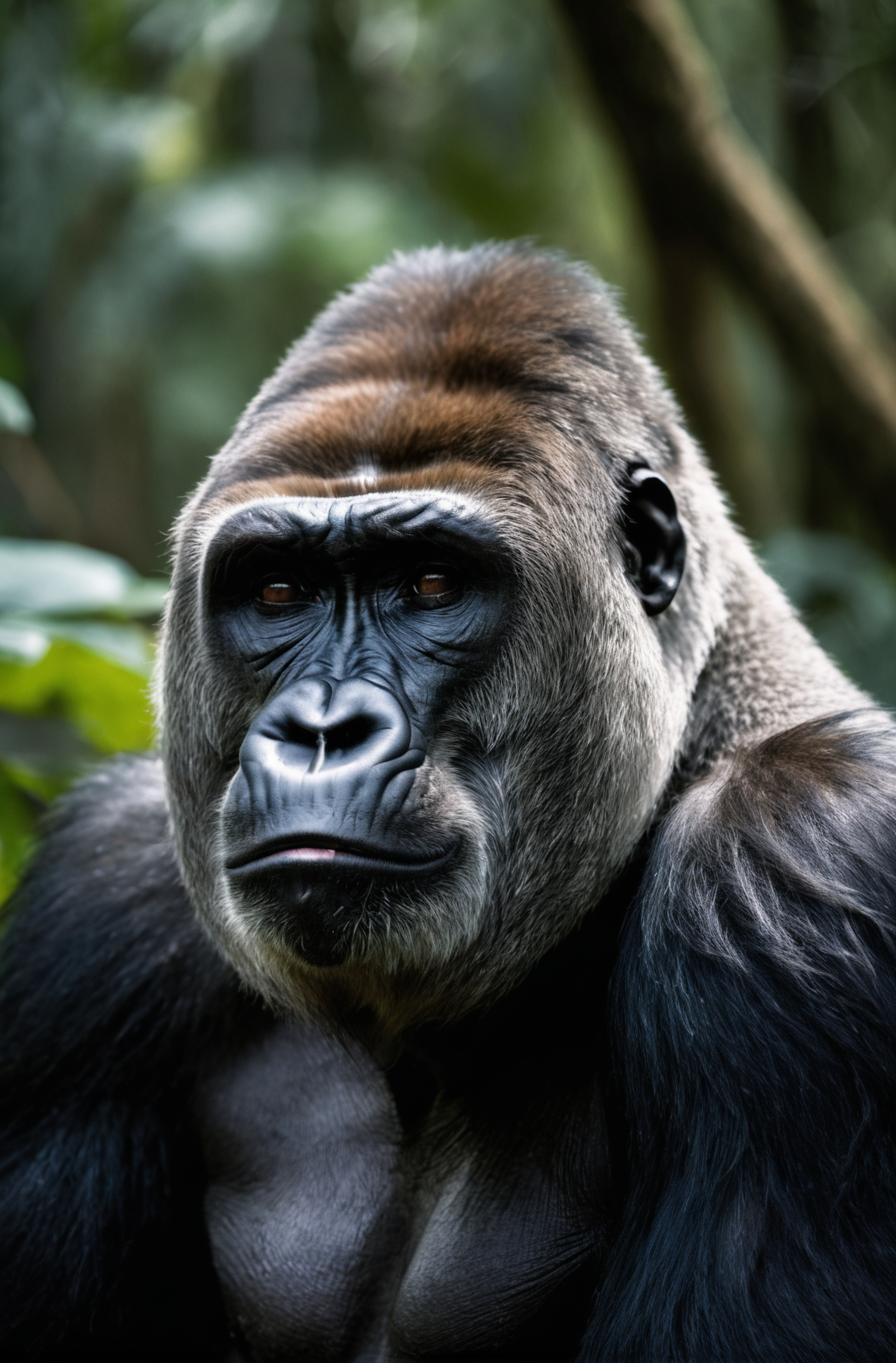 award winning wildlife (medium long shot:1.4), 35mm film movie still, ultra photorealistic, photorealism, (upper profile) shot of a defeated old Gorilla in pain with the (sunken head:1.4) mourning (looking depressed down:1.2), (glossy eyes) cinestill, film grain, taken with hasselblad H6D 100c, the HCD 24mm lens, hazy mood, cinematic dramatic lighting, cold muted colors, (DOF:1.4), (dark lush jungle background), sharp focus, (perfect real extremely details), amazing fine detail, absurdres, hyper realistic lifelike texture, dramatic lighting