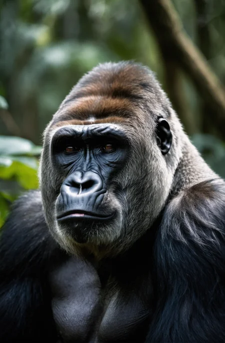 award winning wildlife (medium long shot:1.4), 35mm film movie still, ultra photorealistic, photorealism, (upper profile) shot of a defeated old Gorilla in pain with the (sunken head:1.4) mourning (looking depressed down:1.2), (glossy eyes) cinestill, film grain, taken with hasselblad H6D 100c, the HCD 24mm lens, hazy mood, cinematic dramatic lighting, cold muted colors, (DOF:1.4), (dark lush jungle background), sharp focus, (perfect real extremely details), amazing fine detail, absurdres, hyper realistic lifelike texture, dramatic lighting