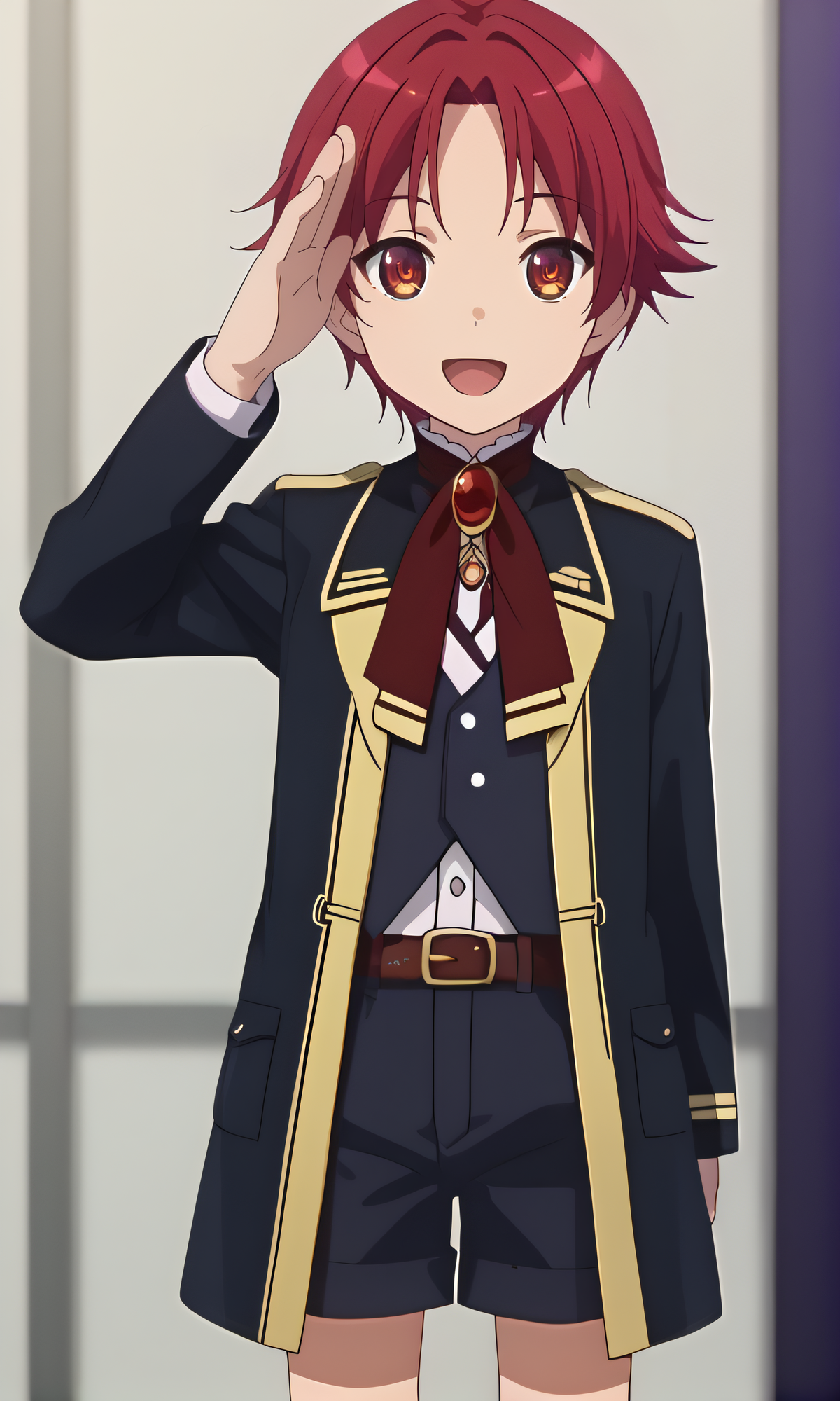 score_9, score_8_up, score_7_up, source_anime, rating_safe, intricate details, anime screencap, official style, 1boy, solo, <lora:Millicas_Gremory:1>, millicas, kid, red hair, red eyes, brooch, shorts, belt, black coat, looking at viewer, smile, indoor cowboy shot, salute, open mouth, five fingers, hand up, bent over