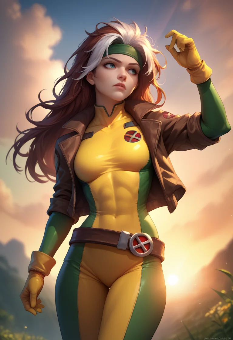 score_9, score_8_up, score_7_up, <lora:rogue-guy-PONYv1:1>, 1girl, solo, breasts, DEFrogue, long hair, dyed bangs, headband, bodysuit, jacket, yellow gloves, belt, outdoors, lens flare, sunset, depth of field,