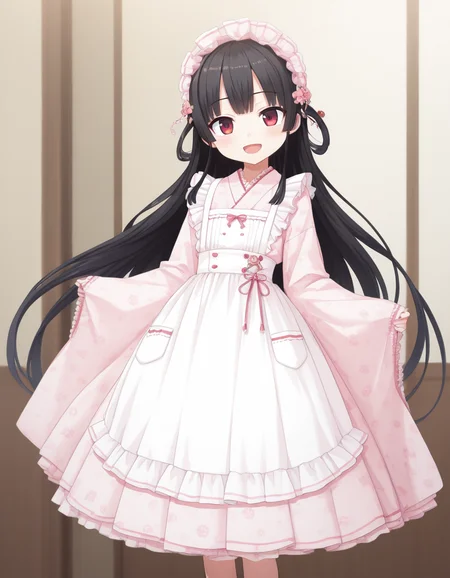 masterpiece, best quality, (anime coloring:0.8), (anime screencap:0.5), <lora:Hachiroku_Maitetsu_for_Illustrious:0.8> hachiroku, <lora:Japanese_Maid_Style_Apron_Dress_Long_Length:0.8> short dress, Japanese_Maid_Style_Apron_Dress_Long_Length, long sleeves, wide sleeves, pink dress, long dress, floral print, white apron, maid apron, frilled apron, frills, maid, wa maid, japanese clothes, hair ornament, pink headdress, sleeves past wrists, :D, standing, holding dress