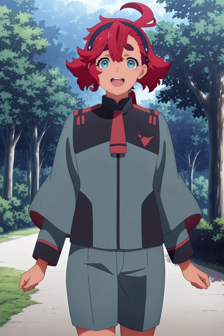 anime screencap, anime coloring, detailed face, masterpiece, best quality, very aesthetic, absurdres, volumetric lighting,
 <lora:Suletta_Mercury_Mobile_Suit_Gundam_The_Witch_from_Mercury:1>
outside, trees, day,
Suletta initial uniform (outfit), Suletta Mercury (character), suletta mercury, 1girl, solo, asticassia school uniform, school uniform, red hair, necktie, ahoge, suit, shorts, thick eyebrows, hairband, formal, blue eyes, 
looking at the viewer, mouth open, big smile, :D, cowboy shot