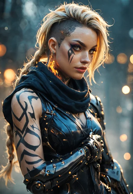 (dutch angle:1.2),  portret photo  of nordic woman, valkyrie, Fiora from League of Legends (dark smoke eyes makeup:1.2), war face paint, mohawk blonde haircut wit thin braids, (runes  tattoos on neck:1.3),  shiny skin, (epic flames in background :1.2), bokeh, vigneting, (shadows:1.3)  ,science fiction,( robotic arm:1.35), cyborg,  shallow depth of field, bokeh background, volumetric lighting,, .score_9, score_8_up, score_7_up,score_6_up, rating_safe