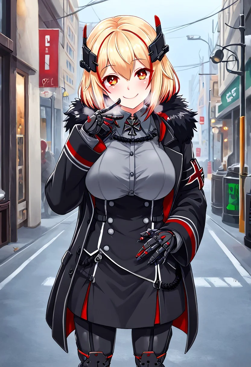 red eyes, medium hair, two-tone hair, fur coat, smile,
headgear, iron cross, open coat, grey shirt, underbust, long sleeves, mechanical hands, double-breasted, black miniskirt, mechanical boots, german street, winter, smile, visible breath, sparkly eyes,