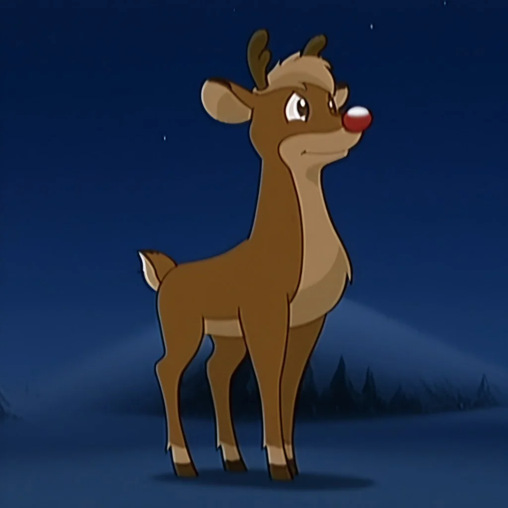 Rudolph, reindeer, 2D, cartoon, male, pokemon (creature), ears, antlers, standing, red nose, flat colors,