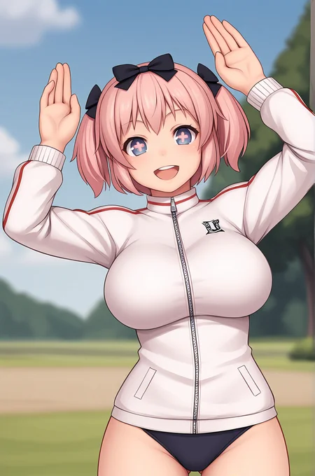 anime artwork, score_9, score_8_up, score_7_up, source_anime, BREAK, thick outline, fat outline,
Hibari_XL, purple eyes, cross-shaped pupils, pink short hair, short twintails, black hair bows, large breasts, BREAK, Hibari_Shinobi, track jacket, buruma, BREAK, outdoors, banny pose, rabbit pose,
<lora:Hibari_XL_r1:0.7>
<lora:PersonalAmi_PonyXL:1.0>