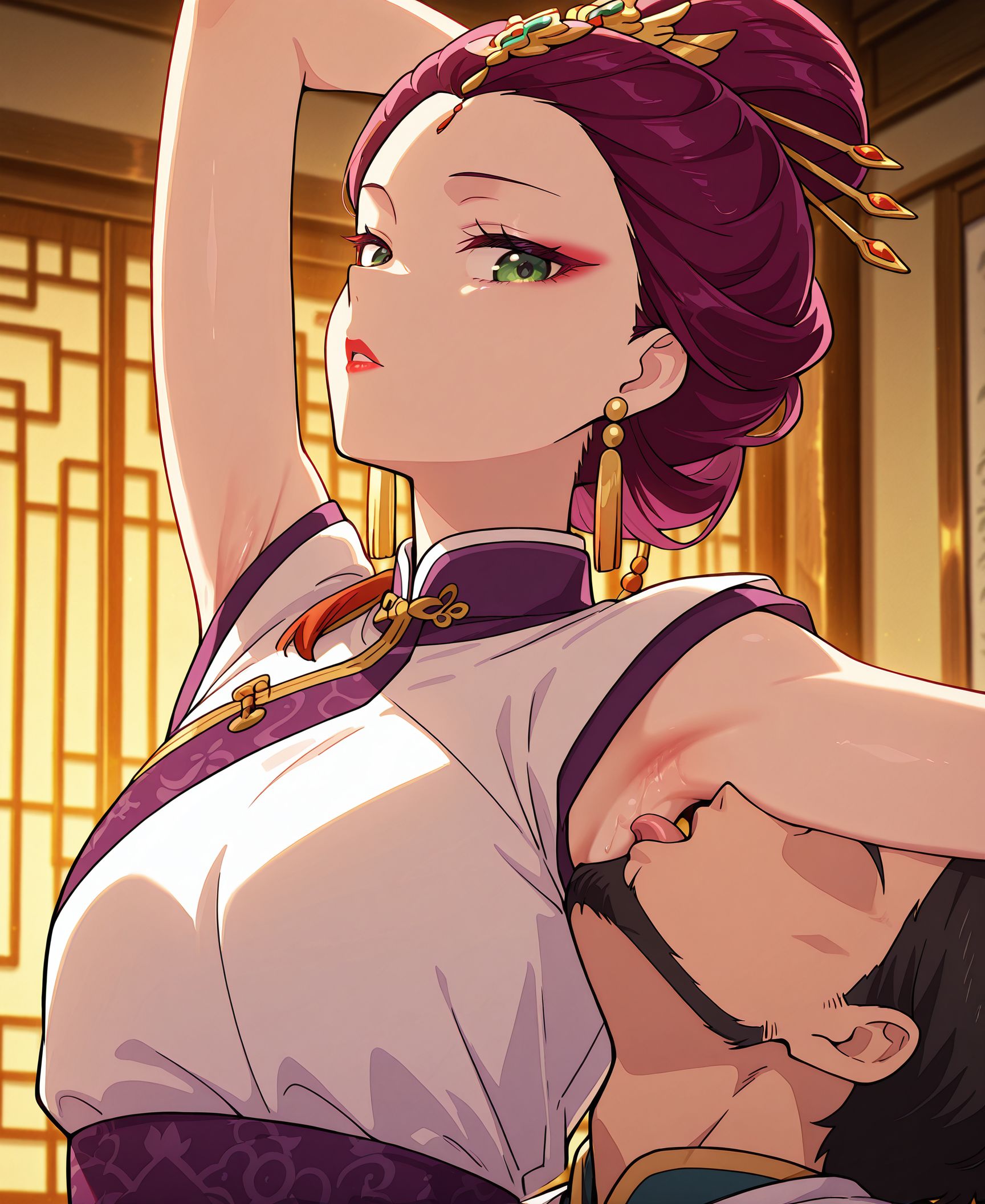 masterpiece, best quality, newest, absurdres, highres, detailed eyes, beautiful, detailed background, perfect eyes, anime coloring, anime screencap,
<lora:Armpit_sex:0.8>Armpit_sexV1, 
(headback male:1.7),arm up, licking armpit, male Chin,
licking, armpits, tongue, tongue out, looking at viewer, 
1girl, 1boy, hetero,
BREAK
<lora:Llan01-000088:0.9>, LOULAN,jewelry,earrings,makeup,hair ornament,
eyeshadow,lipstick, chinese clothes,green eyes,profile,red lips,short hair, 
short sleeves,
BREAK
Beard, Goatee, faceless male,