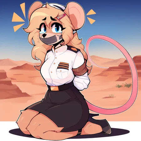 score_9_up, score_8_up, score_7_up, score_6_up, furry female, full-length portrait, by remanedur, ela novabay, female, furry, mouse, blue eyes, blonde hair, long hair, tail, white gloves, desert, headwear, (headgear), high heels, looking at viewer, hairclip, white naval uniform, (solo), three-quarter view, head tilt, tape gag, hands behind back, crying, tears, shocked, white clothing, <lora:Leah_Pines(AIM)_XL_v1:1>, <lora:PDXL_artist_tags_v2_big:0.8> <lora:The-Minuscule-Task_PDXL_v1.0:0.8> <lora:Ela_Novabay_WirelessShiba:0.15>