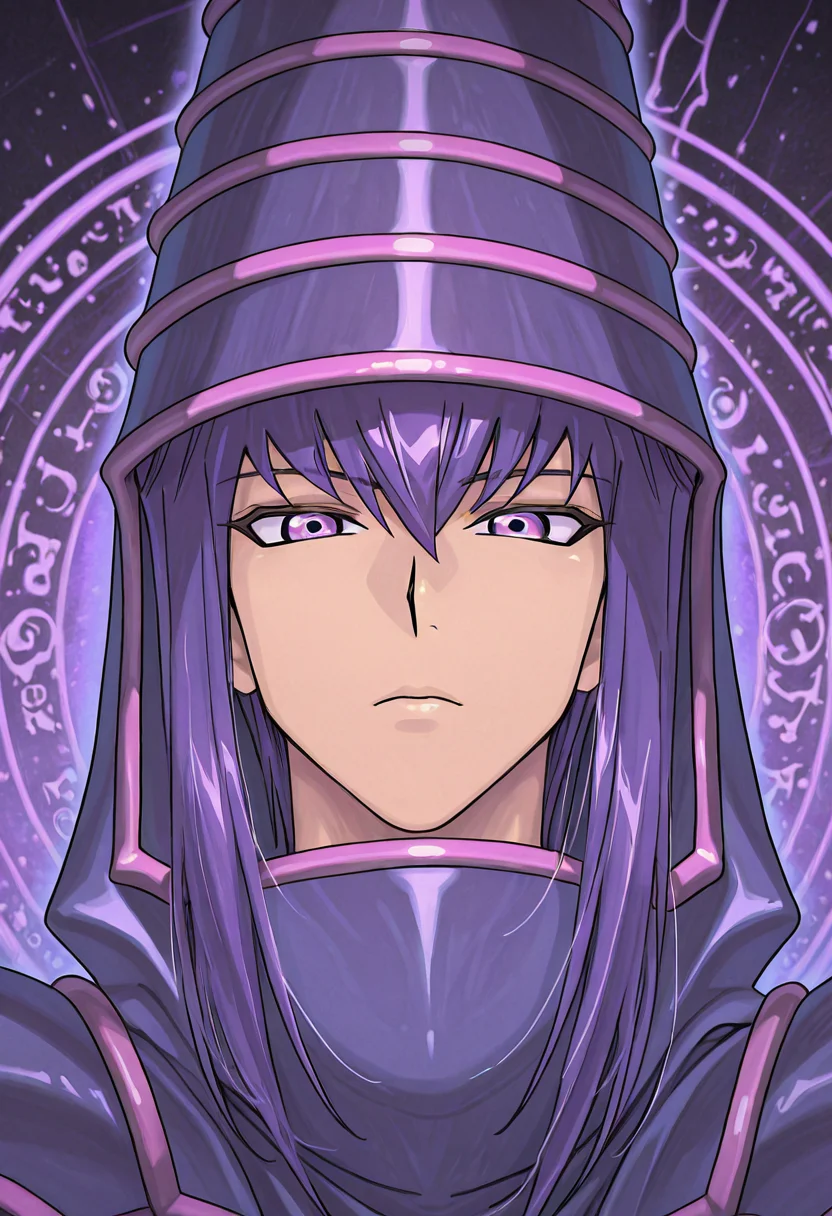 score_9,score_8_up,score_7_up,<lora:darkmagician_dataset_01_v11>,dkmgcn,1boy,solo,purple hair,glowing purple eyes,neutral expression,magician robe,duel_monsters,cinematic,close up,portrait,three quarters angle,<lora:Shirabe_Shiki_Style_IllustriousXL:0.7>,<lora:KonyaKarasue-Lokr-NOOBEPS110:0.7>,