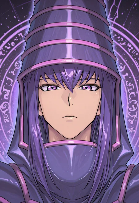 score_9,score_8_up,score_7_up,<lora:darkmagician_dataset_01_v11>,dkmgcn,1boy,solo,purple hair,glowing purple eyes,neutral expression,magician robe,duel_monsters,cinematic,close up,portrait,three quarters angle,<lora:Shirabe_Shiki_Style_IllustriousXL:0.7>,<lora:KonyaKarasue-Lokr-NOOBEPS110:0.7>,