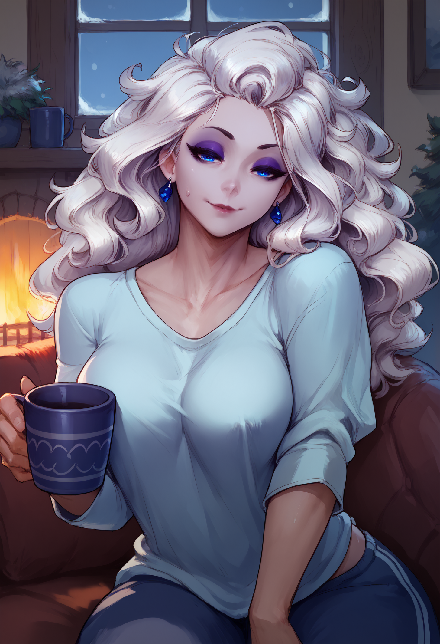 score_9, score_8_up, score_7_up, 1girl, lilysub, earrings, blue eyes, purple eyeshadow, eyeliner, lipstick, long hair, wavy hair, white hair, large breasts, 
loose shirt, sweatpants, messy hair,
looking at viewer, smile, half-closed eyes, lounging, elbow rest, leaning back, holding mug,
indoors, living room, fireplace, winter, window,
<lora:Subverse-Lily-PDXL_V1-Manityro-CAME:1.0>,