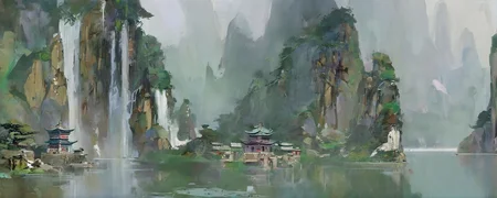 chinese buliding,temple,guofeng,(pond:0.8),sunkilow,concept art,waterfall come from the mountain top,panorama,long shot,(reflection light:0.8),masterpiece,best quality,high quality,high details,UHD,gloomy,(low saturation:0.4),artstation,oil painting,bichu,<lora:Vcu;SDXL:0.4>,<lora:bichu230728-000006_0.5+bichu230729-000008_0.5:0.6>,<lora:gloomyXL:0.6>,