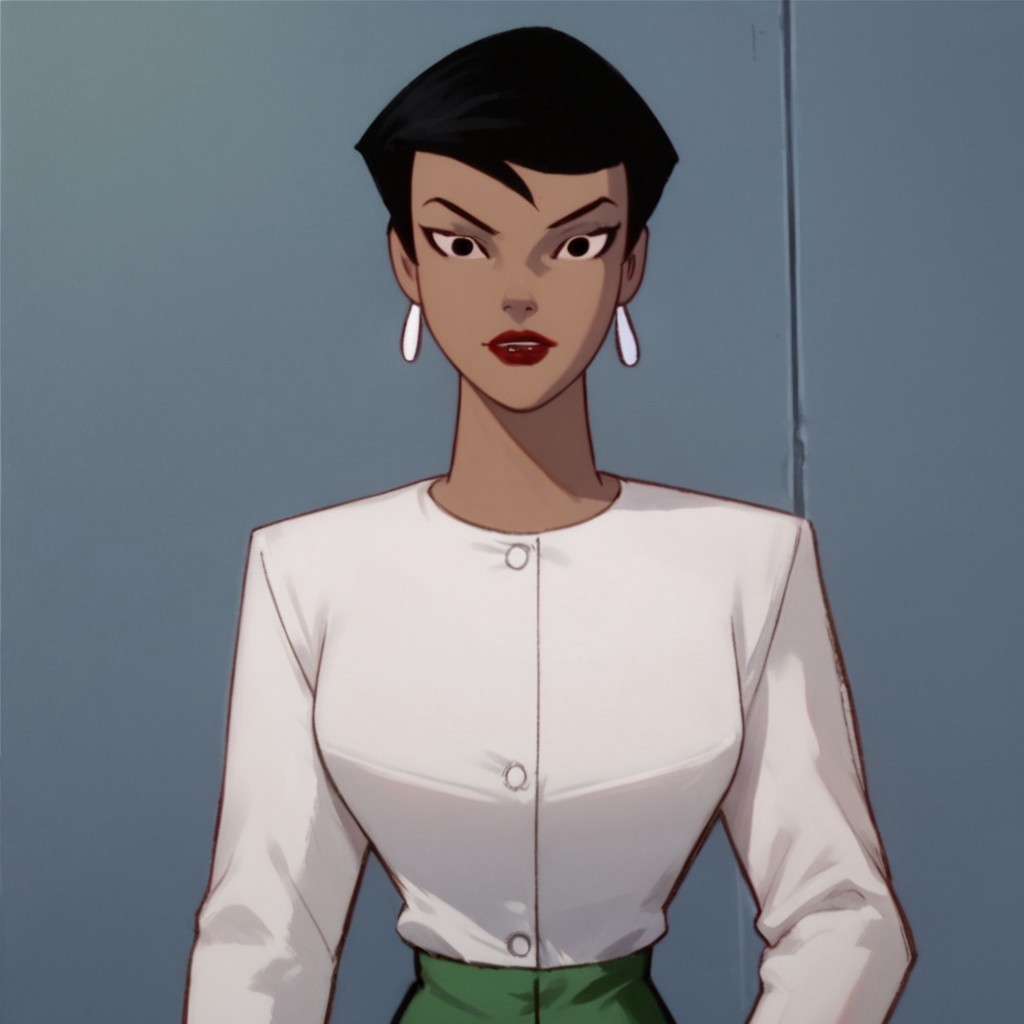 score_9, score_8_up, score_7_up, 1girl, solo, lipstick, black hair, short hair, black eyes, dark skin, white jacket, green pencil skirt, earrings, Angela Chen (dc), looking at viewer