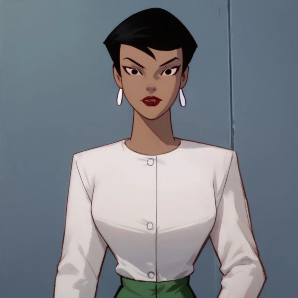 score_9, score_8_up, score_7_up, 1girl, solo, lipstick, black hair, short hair, black eyes, dark skin, white jacket, green pencil skirt, earrings, Angela Chen (dc), looking at viewer