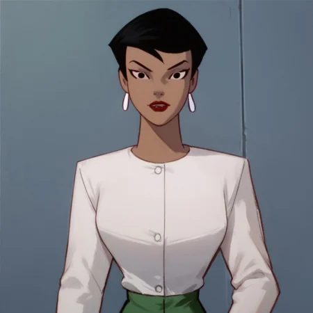 score_9, score_8_up, score_7_up, 1girl, solo, lipstick, black hair, short hair, black eyes, dark skin, white jacket, green pencil skirt, earrings, Angela Chen (dc), looking at viewer