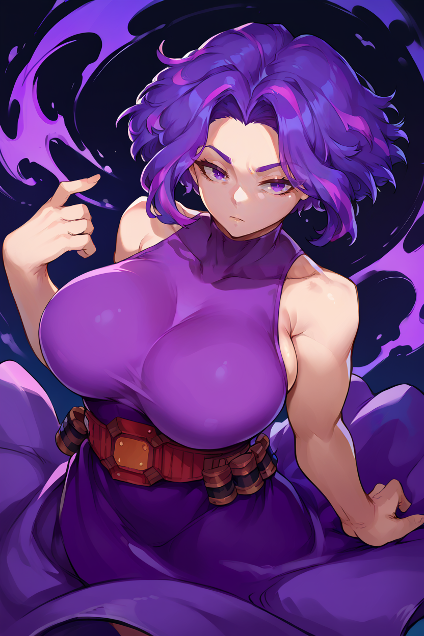 score_9, score_8_up, score_7_up, score_6_up, source_anime, BREAK 1girl, solo, <lora:ladynagant-pdxl-nvwls-v1-000005:1> ladynagant, purple hair, pink-streaked hair, short hair, purple eyes, purple dress, belt, sleeveless, (huge breasts:0.7), looking at you, night, dark, black background, abstract background, from above