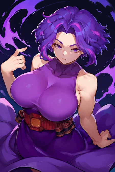 score_9, score_8_up, score_7_up, score_6_up, source_anime, BREAK 1girl, solo, <lora:ladynagant-pdxl-nvwls-v1-000005:1> ladynagant, purple hair, pink-streaked hair, short hair, purple eyes, purple dress, belt, sleeveless, (huge breasts:0.7), looking at you, night, dark, black background, abstract background, from above