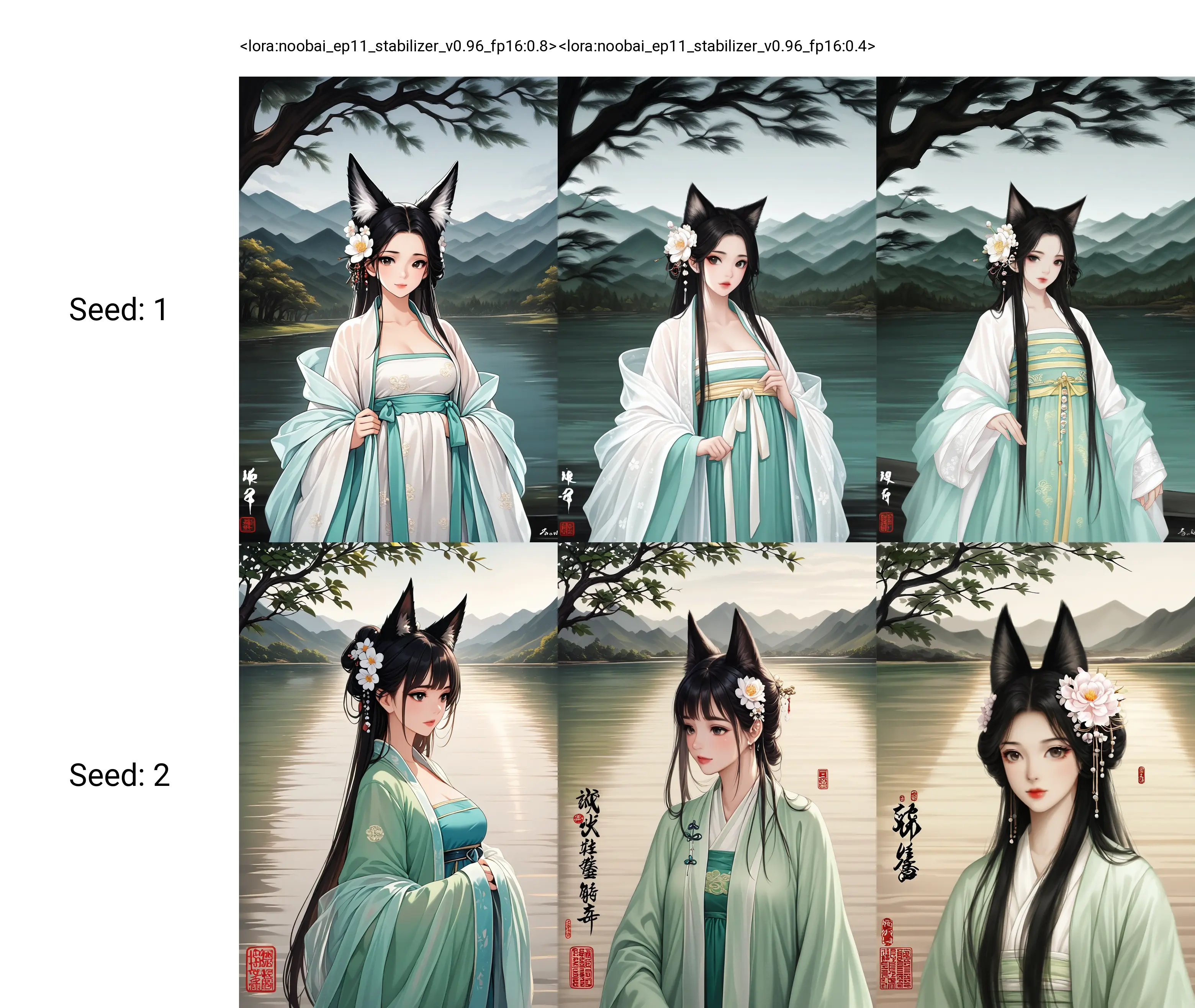 <lora:noobai_ep11_stabilizer_v0.96_fp16:0.8>1girl,fox ears,black hair,hair flower,china dress,hanfu,upper body,lake,tree,mountainous horizon,ink painting,masterpiece,