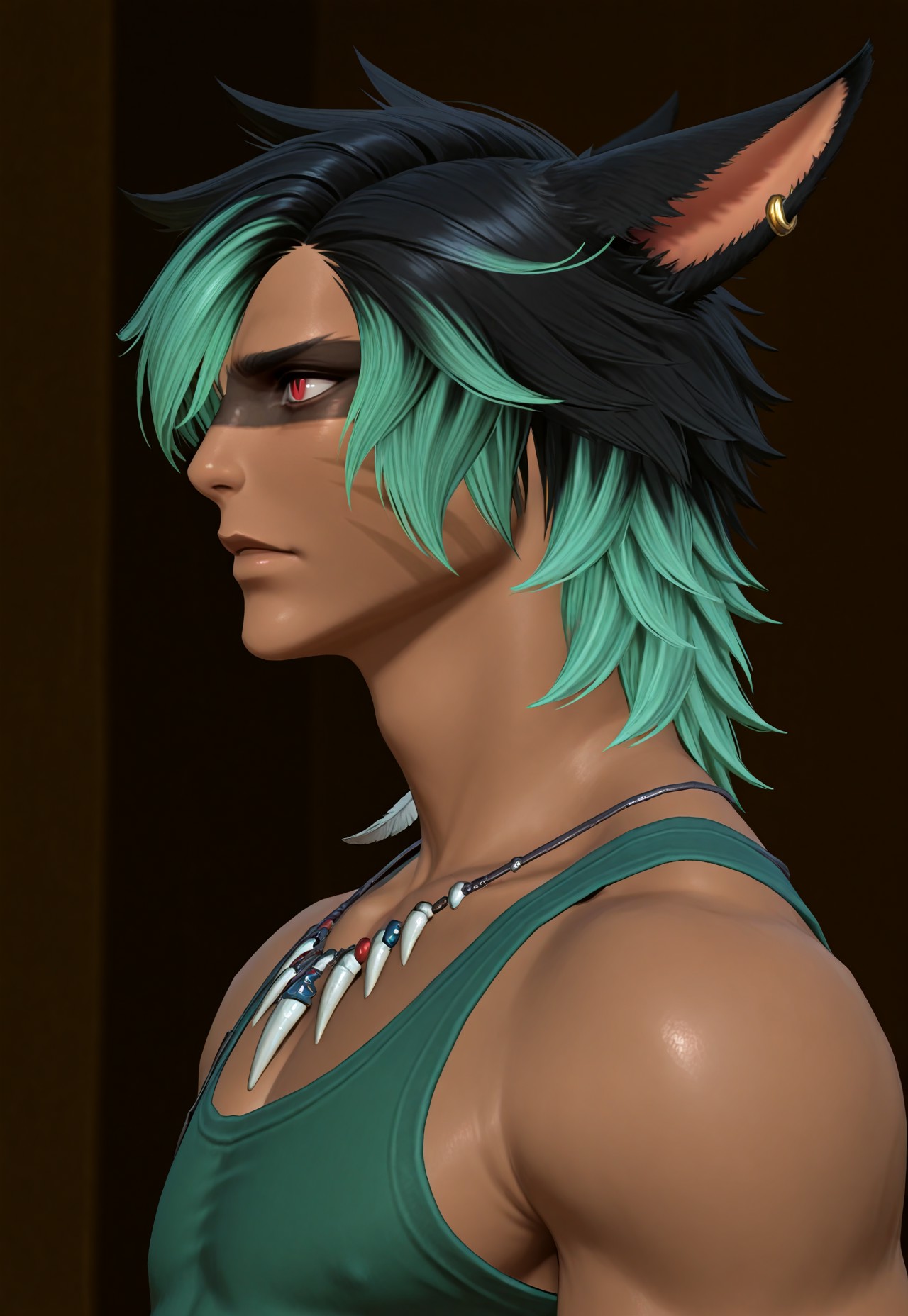 masterpiece, very aesthetic, very awa, newest, best quality, KrhisT1A,1boy, male focus, solo, red eyes,  slit pupils, green hair, two tone hair, multicolored hair, black hair, bangs,  dyed bangs, teal hair, facepaint,  facial mark, whisker markings,  miqo'te, cat ears, animal ears, dark skin, tan skinned male, bare shoulders, tank top, green shirt, jewelry, necklace, earrings, profile, 