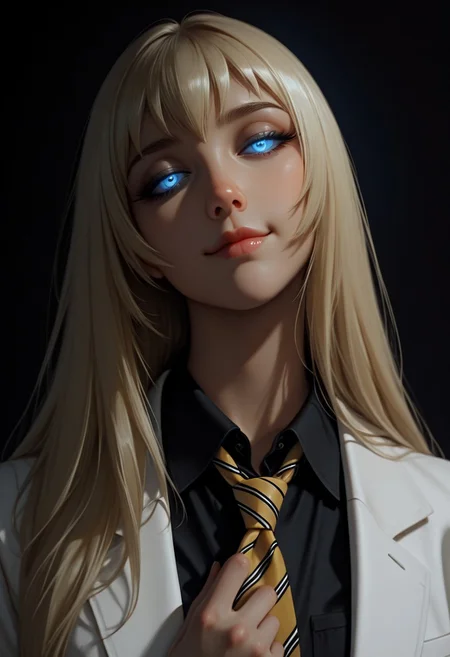 masterpiece, best quality, good quality, very aesthetic, absurdres, newest, 8K, realistic, 1girl, Lan Asuka, head tilt, long hair, blonde, bangs, hand on own face, gangster theme, blue eyes, half-closed eyes, bored, glowing eyes, loose necktie, yellow necktie, light smile, yandere, maniac, adjusting necktie, striped necktie, collared shirt, black shirt, white blazer, dark theme, black theme,
,masterpiece,best quality,amazing quality, semi-realism, color theory, <lora:MoriiMee_Gothic_Niji_Style_Illustrious_r1:0.6> artist:moriimee,