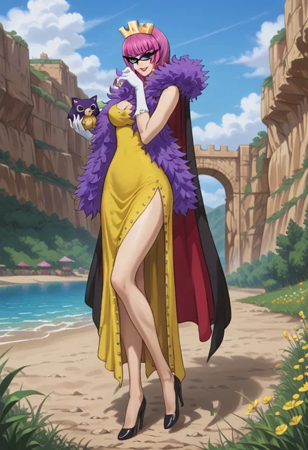KinderellaOP, 1girl, solo, tall woman, pink purple hair, bangs, bob cut, black eyes, lips, red lipstick, evil grin, crown, large breast, long yellow dress, cleavage, dress with cutout, dark cape, wide hips, long light-colored gloves, eye-mask, shoes, purple feathered boa,
seductive pose, sexy pose, tease,
masterpiece, best quality, ultra-detailed, very aesthetic, detailed background, very aesthetic, newest, scenery, highres, 4k, absurdres, 8k, colorful,vibrant, glowing, perfect face, 2d, perfect eyes, detailed eyes,
masterpiece, best quality, ultra-detailed, very aesthetic, newest, scenery, absurdres, perfect anatomy, , perfect face, perfect eyes, mature body, clear eyes, beautiful eyes, athletic, curvy body, athletic girl, perky tits, perfect tits, round breasts, nipple outline, pinup pose, teasing, lustful expression,
muscular female, dutch angle,
Smooth Negative, uncensored,EyesHD,