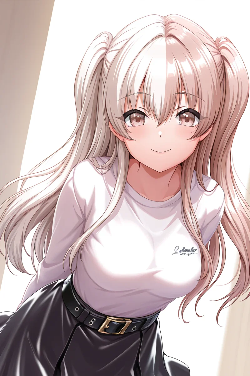 masterpiece, best quality, amazing quality,
<lora:KokoaV2_IL:1> kokoa, 1girl, solo, smile, shirt, long hair, brown eyes, two side up, white shirt, looking at viewer, breasts, black skirt, belt, medium breasts, skirt