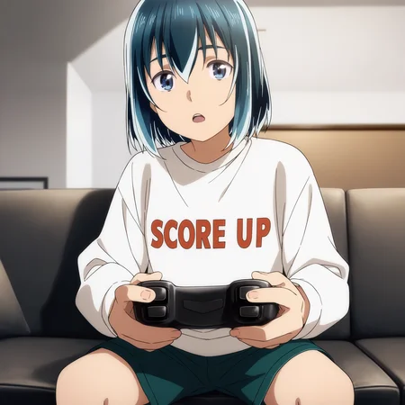 sharp focus, pixiv masterpiece, score_9, score_8_up, source_anime, score_7_up, best quality, high res, absurd res, BREAK
<lora:Hina_hinamatsuri_illustrious_v32:1>, hina_matsuri_il, (1girl, solo:1.8), white_shirt, text_on_shirt, dark_green_shorts, blue_hair, blue_eyes, cowboy shot, living room, couch, sitting, holding_game_controller